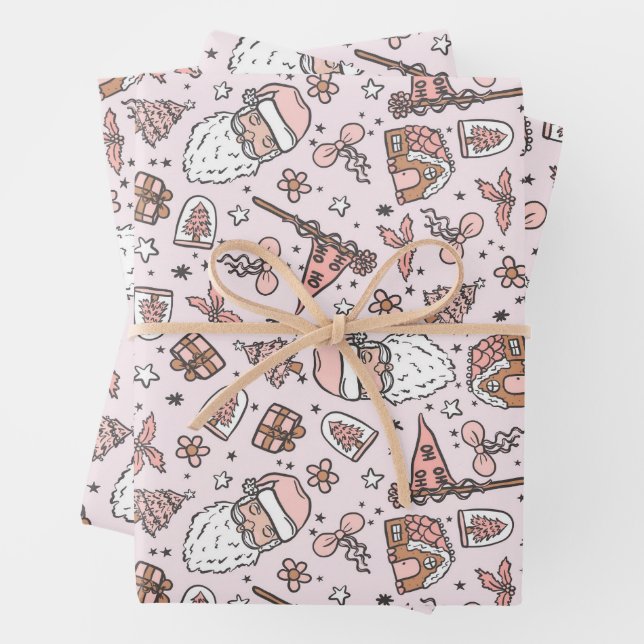 Feuille De Papier Cadeau Boho Girly Pink Père Noël Doodles de Noël (En situation)