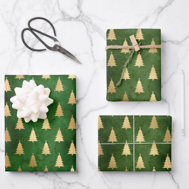 Feuille De Papier Cadeau Boho Green Gold Trees Noël (Recto)