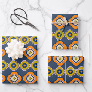 Feuille De Papier Cadeau Boho les années 70 Retro Formes Motif Bleu Orange