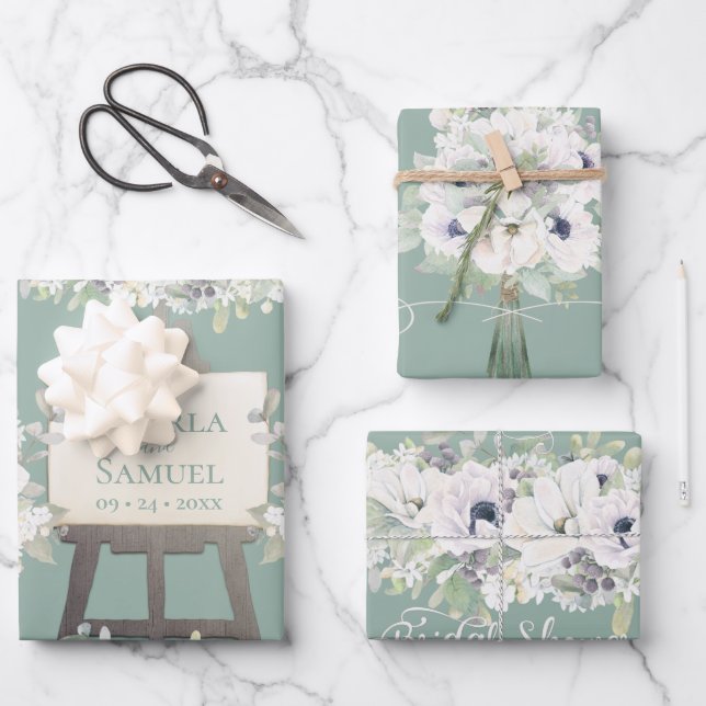 Feuille De Papier Cadeau Boho Mariage Sage aquarelle Fête des mariées flora (Recto)