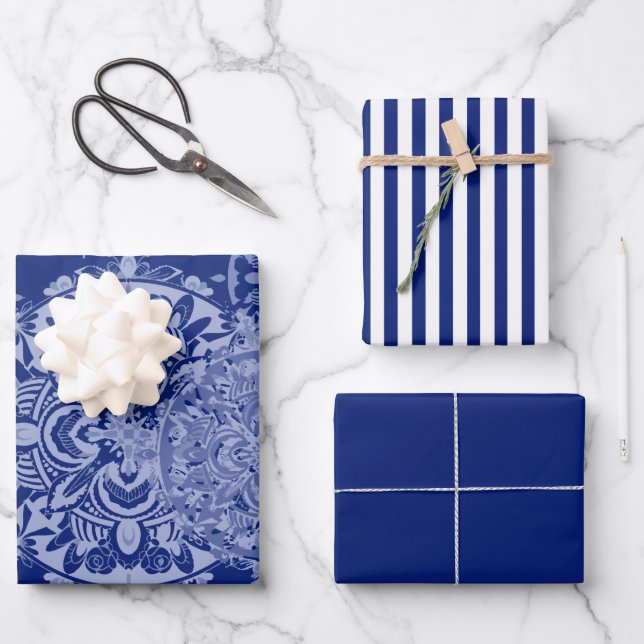 Feuille De Papier Cadeau Boho Moody Blues Mandalas, Stripes et Solide (Recto)