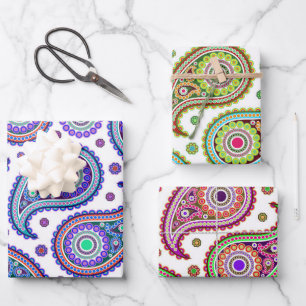 Feuille De Papier Cadeau Boho Paisley dans 3 jeux de couleurs Vintage Retro