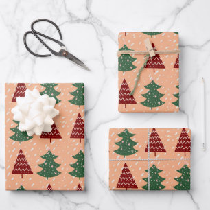 Feuille De Papier Cadeau Boho Peach Red Green Noël Trees de Noël