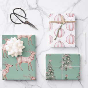 Feuille De Papier Cadeau Boho Pink Green Noël Cerfs Arbres