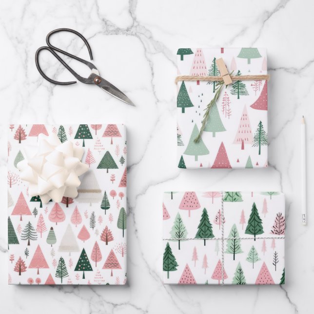 Feuille De Papier Cadeau Boho Pink Green Whimsical Arbres de Noël saisonnie (Recto)