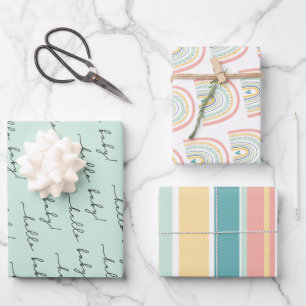 Feuille De Papier Cadeau Boho Rainbow Baby Genre Neutre "Hello Baby" Envelo