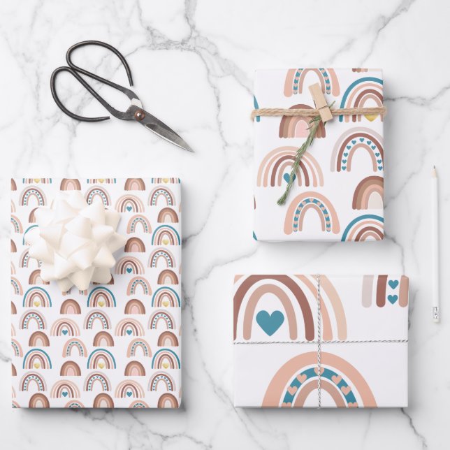 Feuille De Papier Cadeau Boho Rainbow Blue Blush Gold Hearts (Recto)