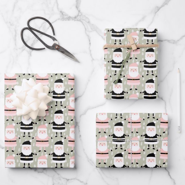 Feuille De Papier Cadeau Boho rose vert Père Noël Noël Fêtes (Recto)
