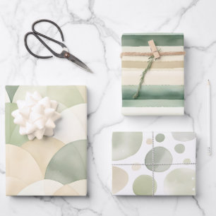 Feuille De Papier Cadeau Boho Vert Sauge Beige Aquarelle Abstraite