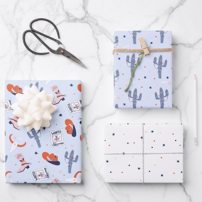 Feuille De Papier Cadeau Boho Western Christmas Collection - Bleu (Recto)