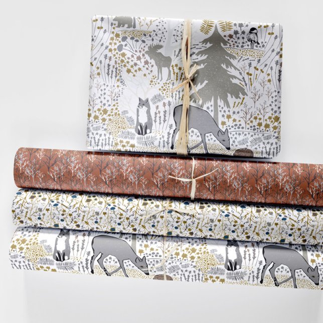 Feuille De Papier Cadeau Bois Animaux Bois d'hiver (Winter Wonder Wrapping Paper Sheets from Jenn Steffen Art for Jenn's Emporium. )