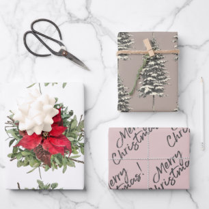 Feuille De Papier Cadeau Bois rustique Poinsettia Joyeux Noël