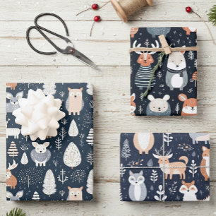 Feuille De Papier Cadeau Bois scandinave Animaux Noël hiver