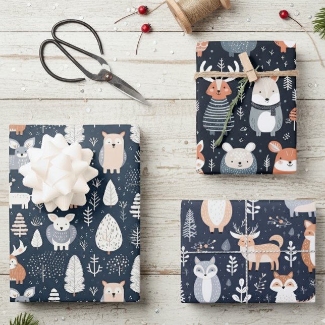 Feuille De Papier Cadeau Bois scandinave Animaux Noël hiver (Créateur téléchargé)