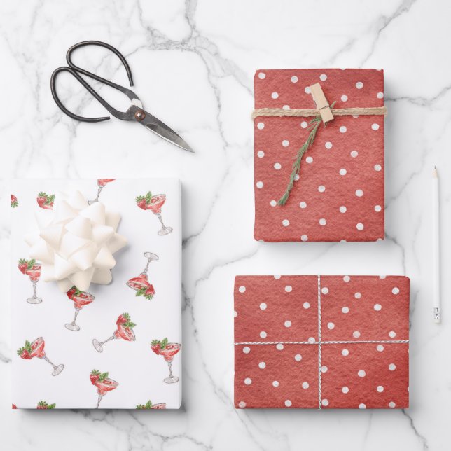 Feuille De Papier Cadeau Boissons Cocktail Fraise Points Rouges Enterrement (Recto)