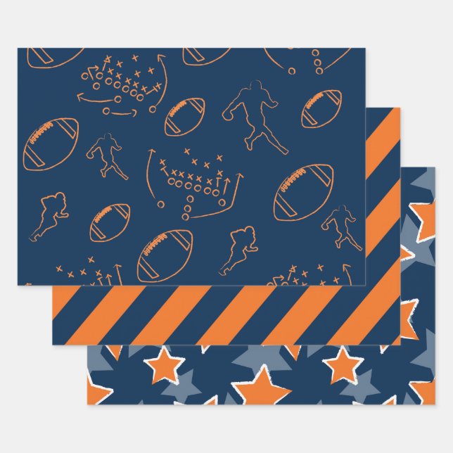 Feuille De Papier Cadeau Bold Orange and Navy Blue Stars and Footballs (Lot)