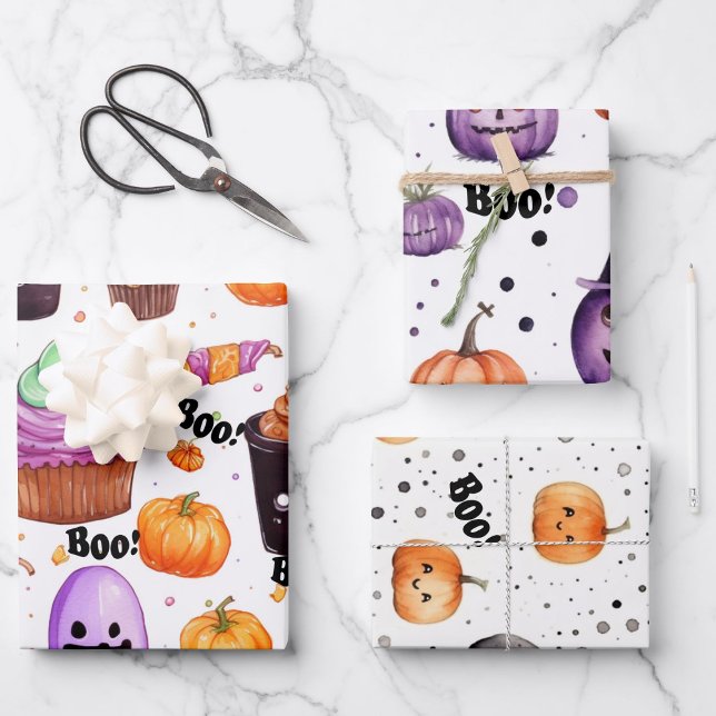 Feuille De Papier Cadeau Bonbons d'Halloween, friandises et jack-o-lanterns (Créateur téléchargé)