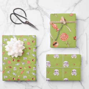 Feuille De Papier Cadeau Bonbons et crânes d'Halloween amusants