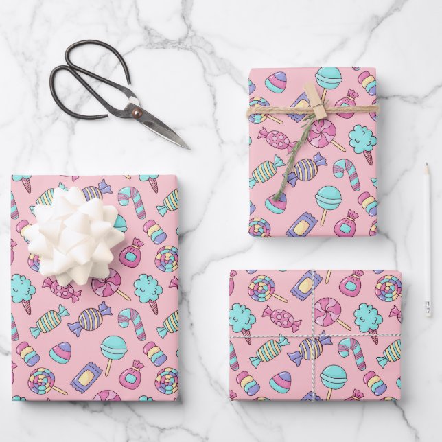 Feuille De Papier Cadeau Bonbons Rose (Recto)