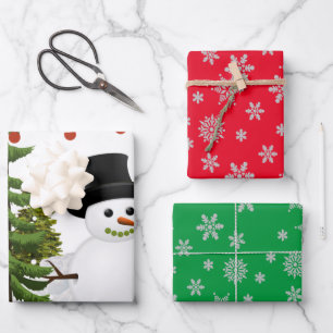 Feuille De Papier Cadeau Bonhomme de neige avec flocon de neige multicolore
