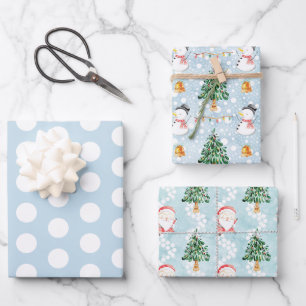 Feuille De Papier Cadeau Bonhomme de neige bleu blanc Père Noël Points polk