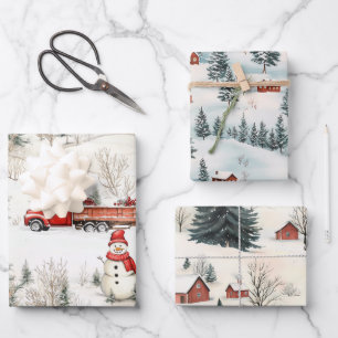 Feuille De Papier Cadeau Bonhomme de neige et camion de Noël en bois rouge