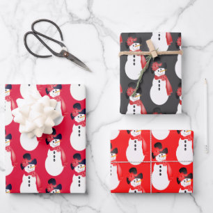 Feuille De Papier Cadeau Bonhomme de neige rose rouge et gris