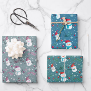 Feuille De Papier Cadeau Bonhommes de neige Baies Flocons de neige Noël