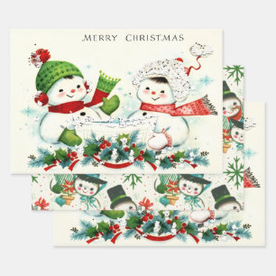 Feuille De Papier Cadeau Bonhommes de neige rétro kitch