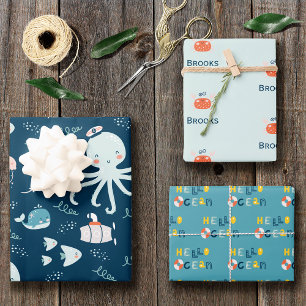 Feuille De Papier Cadeau Bonjour Ocean Octopus et Poisson Nautique Blue Kid