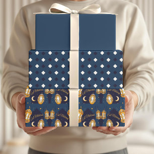 Feuille De Papier Cadeau Bonne fête de l'Eid enfants motif de lanterne bleu