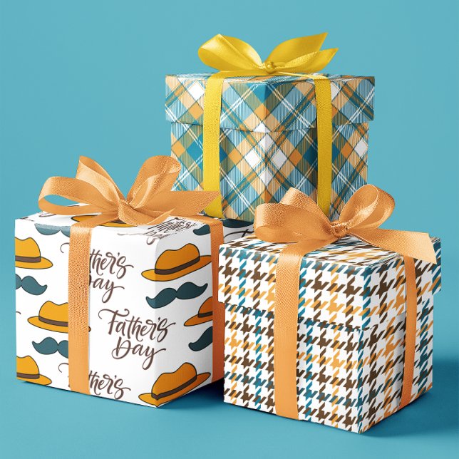 Feuille De Papier Cadeau Bonne Fête des pères moustache et ensemble casquet (Happy Father's Day mustache and hat set of 3 Wrapping Paper Sheets)