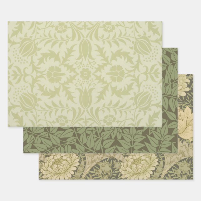 Feuille De Papier Cadeau Borage vintage vert tendre damas de William Morris (Lot)