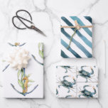 Feuille De Papier Cadeau Bord de mer Côtier Plaisirs nautiques Motif<br><div class="desc">Un ensemble de draps d'emballage cadeau nautique à thème côtier, ce kit de design comprend 3 aquarelles : une avec une ancre avec des algues et un hippocampe, une avec une aquarelle bleu marine peinte à rayures, et une avec un motif de crabes bleus peints. Ce papier d'emballage est un...</div>
