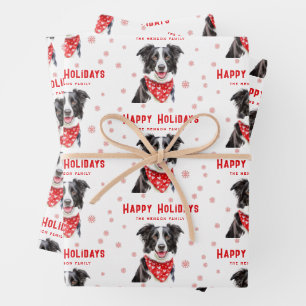 Feuille De Papier Cadeau Border Collie Foulard Rouge à Cœur Noël