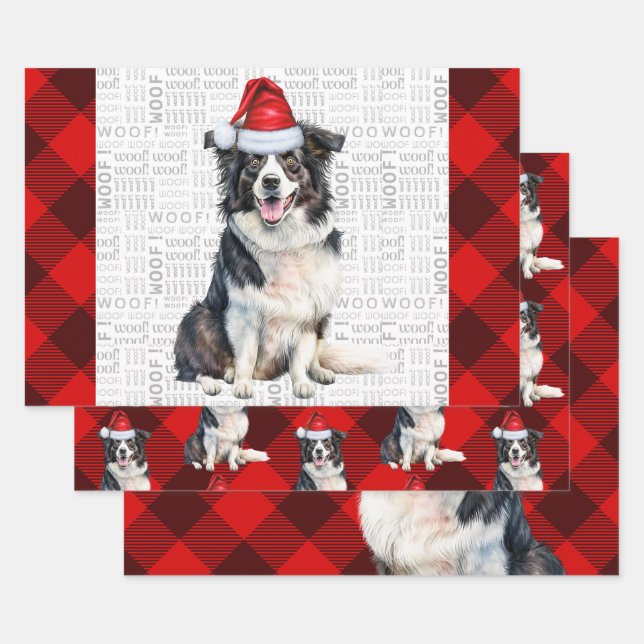 Feuille De Papier Cadeau Bordure Collie Rouge Buffalo Planté Noël (Lot)