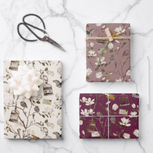 Feuille De Papier Cadeau Bosquet de magnolias avec des hiboux en bordeaux r