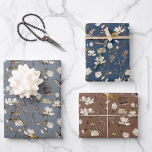 Feuille De Papier Cadeau Bosquet de magnolias avec des hiboux en brun bleu