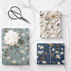 Feuille De Papier Cadeau Bosquet de magnolias avec des hiboux en crème et b