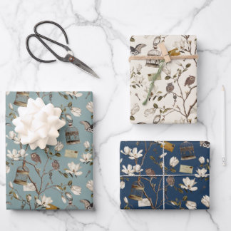 Feuille De Papier Cadeau Bosquet de magnolias avec des hiboux en crème et b