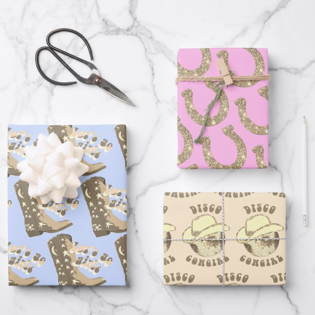 Feuille De Papier Cadeau Bot de cowgirl disco fer à cheval rose bleu beige  (Recto)