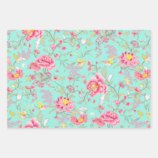 Feuille De Papier Cadeau Botanic Japanese Flower Pattern Turquoise
