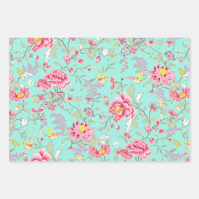 Feuille De Papier Cadeau Botanic Japanese Flower Pattern Turquoise (Devant)