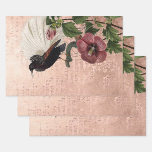 Feuille De Papier Cadeau Botanique Vintage et oiseau rose