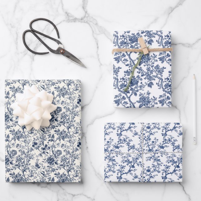 Feuille De Papier Cadeau Botaniques bleues ornées 3 (Recto)
