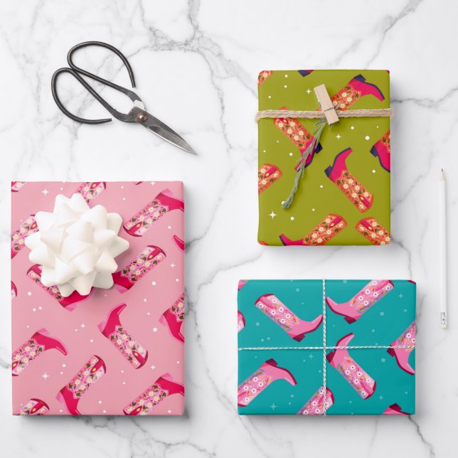 Feuille De Papier Cadeau Bottes de cowboy et fleurs (Recto)