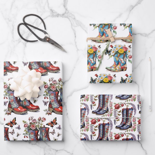 Feuille De Papier Cadeau Bottes dentées et papillons floraux (Recto)