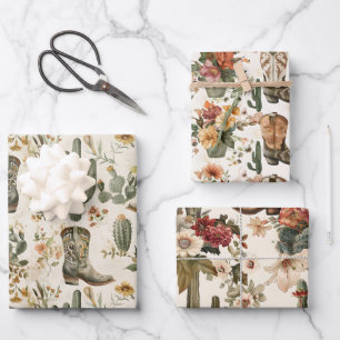 Feuille De Papier Cadeau Bottes Et Cactus