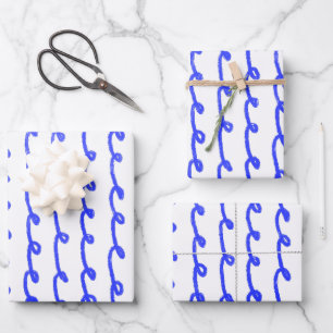 Feuille De Papier Cadeau Boucles d'encre Lignes à main chic bleu et blanc