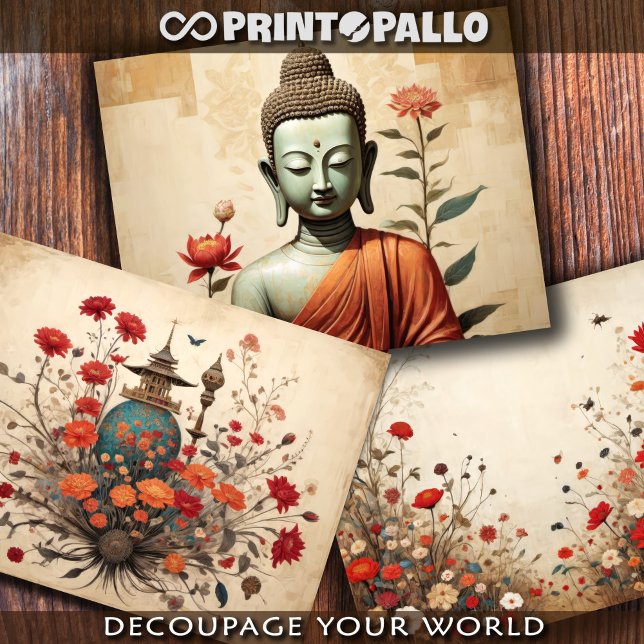Feuille De Papier Cadeau Bouddha, un temple Zen et des fleurs -  (Créateur téléchargé)